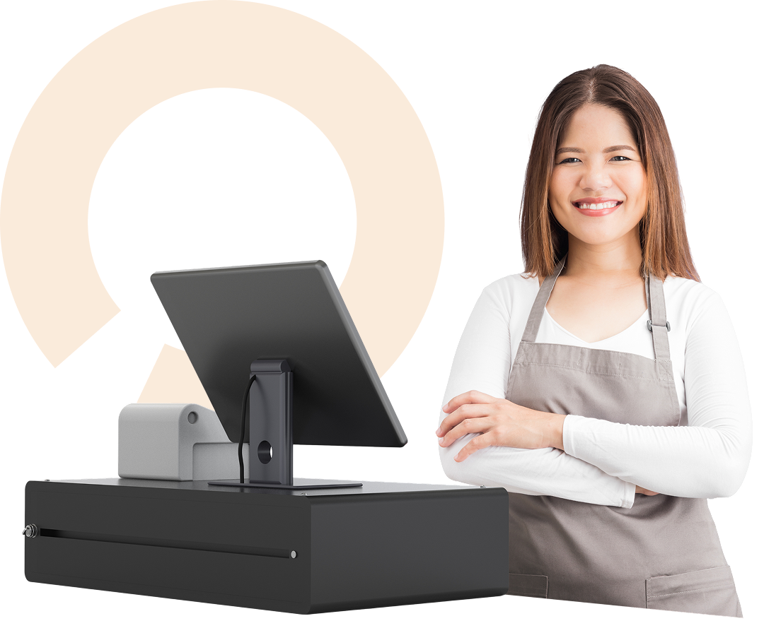 A restaurant cashier at a RestoMS counter POS terminal
